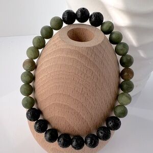Green Howlite and Lava Stone Unisex Stretch Beaded Bracelet